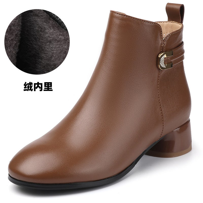 Round Toe Short Boots Women'S 2024 Fall/Winter New Headline Cowhide Thick-Heeled Soft-Soled Leather Boots Plus Size Mid-Heeled Cotton Boots Fashion Boots - Image 1